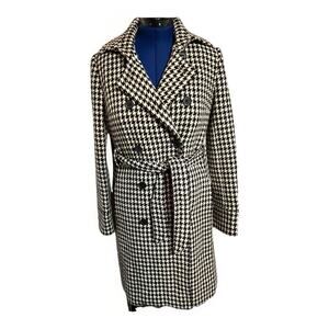 J Crew Trench coat Size 10 Houndstooth Belted Wool Blend Long Lined FLAWS
